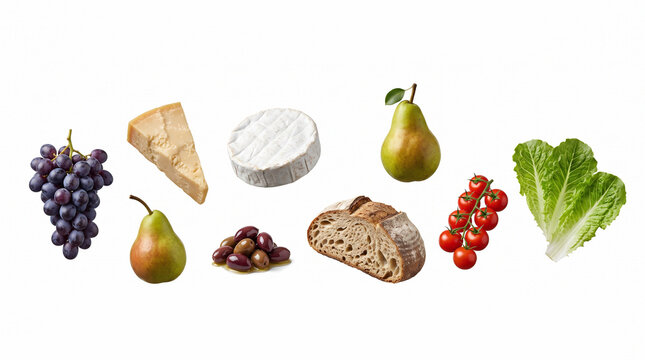 Minimal Elegant Levitation of Grapes Hard Cheese Camembert Olives Pear Rustic Bread Cherry Tomatoes and Lettuce