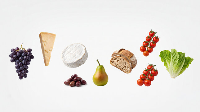 Minimal Elegant Levitation of Grapes Hard Cheese Camembert Olives Pear Rustic Bread Cherry Tomatoes and Lettuce