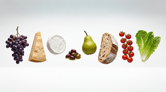 Minimal Elegant Levitation of Grapes Hard Cheese Camembert Olives Pear Rustic Bread Cherry Tomatoes and Lettuce