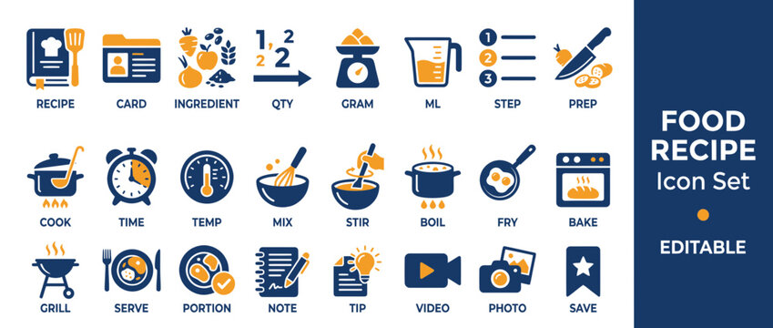 Food Recipe Icon Set: Cooking, Ingredients, Preparation, and Serving Icons