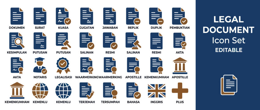 Legal Document Icons Set: Contract, Law, Notary, Justice, Court, Certificate