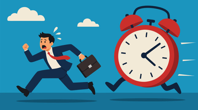 Panicked businessman sprinting desperately from giant running alarm clock, urgent deadline terror, time anxiety pursuit, overwhelming schedule pressure in dynamic flat vector illustration