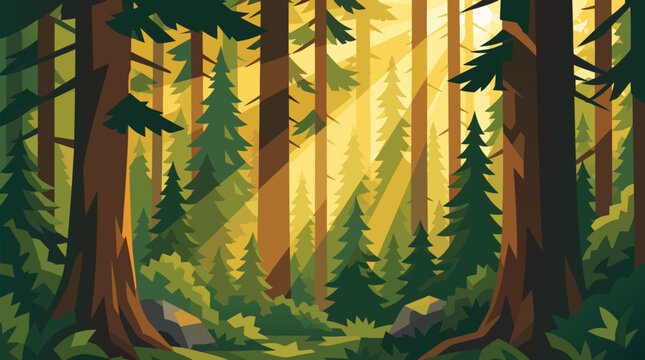 Majestic vector illustration of dense evergreen pine forest with golden sunrays streaming through tall trunks, layered foliage, mossy rocks and serene woodland depth for nature backgrounds