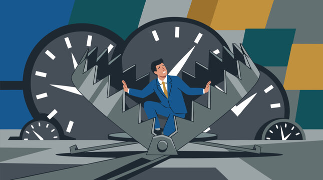 Anxious businessman trapped inside a slowly closing giant bear trap made of deadline clocks, dramatic corporate stress metaphor for burnout, pressure, overwork and time management crisis