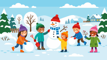 Fototapeta premium Joyful diverse children building snowman together in snowy backyard, rolling snowballs and decorating with scarf and hat, bright cheerful winter holiday scene in colorful flat vector illustration for