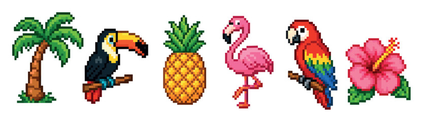 Fototapeta premium Pixel art tropical icons set featuring palm tree, toucan, pineapple, pink flamingo, scarlet macaw parrot, and hibiscus flower in retro 8-bit video game style
