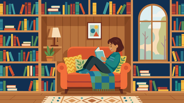 Young reader curled up on a cozy orange sofa with a book in a quiet library nook, flat vector illustration of learning, imagination, study time, literature, comfort and peaceful escape