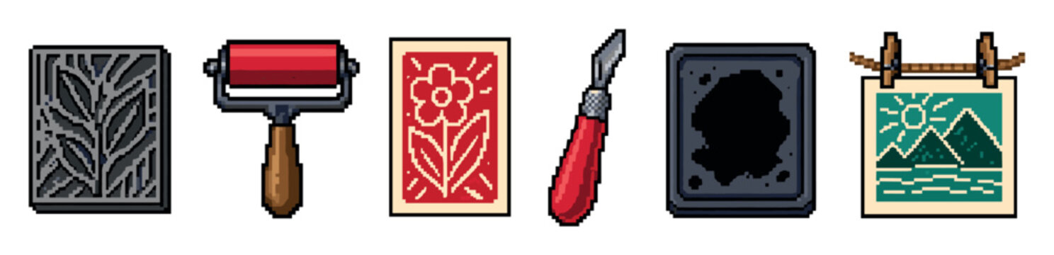 Linocut printmaking tools and materials pixel art set featuring a carved block, ink roller, floral print, carving knife, ink pad, and a hanging landscape print