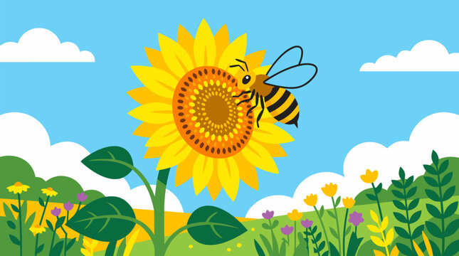Cheerful honey bee pollinating a bright yellow sunflower in a sunny wildflower meadow, blue sky and fluffy clouds, vibrant vector for ecology, gardening, pollinators and summer nature