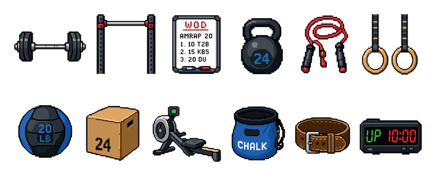 Pixel art fitness equipment set including barbell pullup bar whiteboard kettlebell jump rope gymnastic rings medicine ball plyo box rowing machine chalk bag weightlifting belt and timer