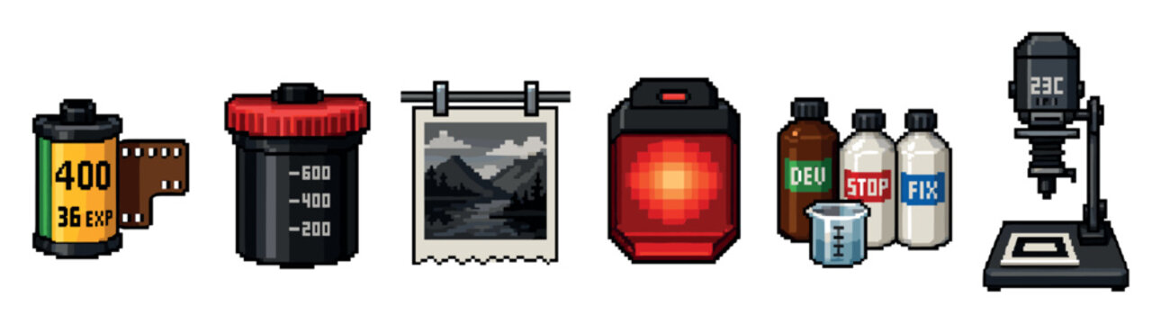 Pixel art darkroom equipment set including film canister, developing tank, hanging photo print, safelight, chemical bottles, and enlarger machine