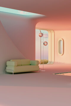 3D render of minimalistic interior with sofa and floor lamp