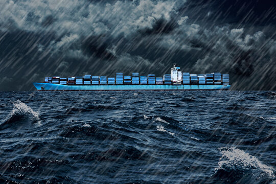 Container ship on sea against cloudy sky during rainfall
