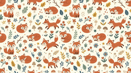 Naklejka premium Cute Fox Pattern - Whimsical Woodland Animal Illustration Seamless Repeat
