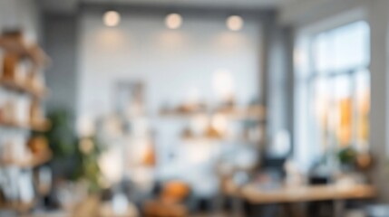 Fototapeta premium Blurry soft focus interior of a modern cozy living room with bookshelves and natural light