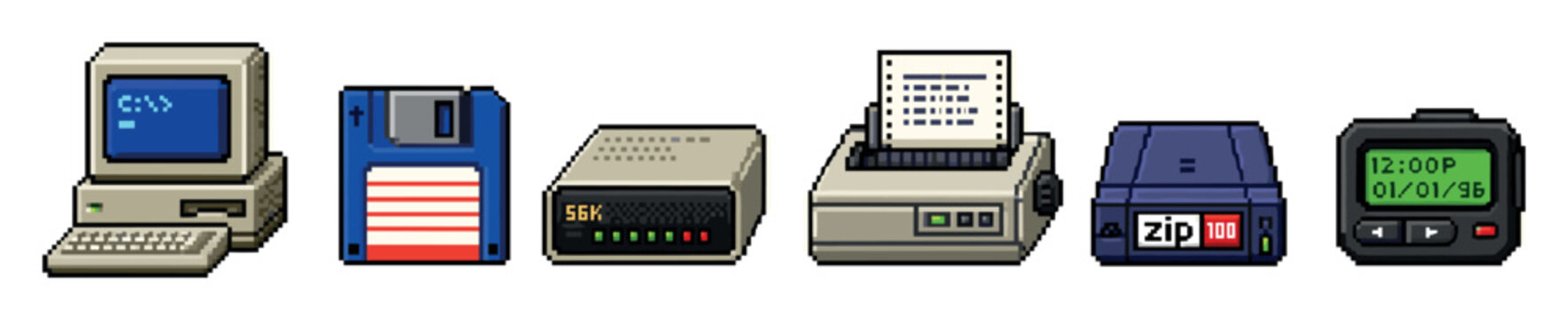 Retro computer technology pixel art icon set featuring a vintage desktop PC, floppy disk, dial-up modem, dot matrix printer, zip drive, and pager