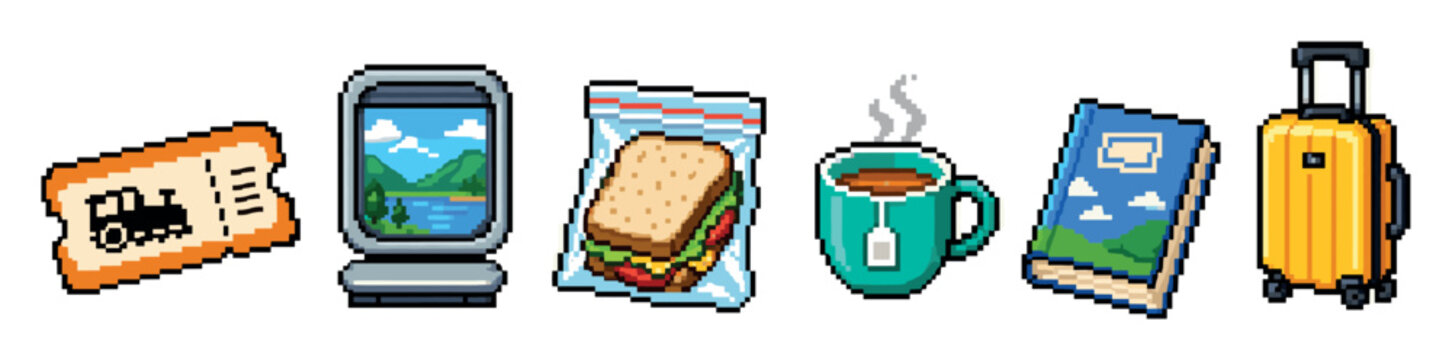 Pixel art travel icons set featuring train ticket, window view, sandwich, hot tea cup, book, and yellow suitcase for retro gaming design