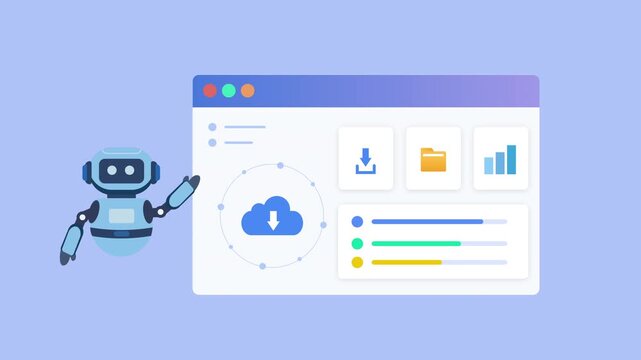 Flat vector illustration of a robot assistant beside a cloud analytics dashboard with upload, folder, and chart icons, representing cloud computing, automation, and data management.