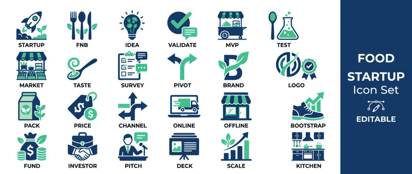 Food Startup Icon Set: Business, Marketing, and Operations Symbols