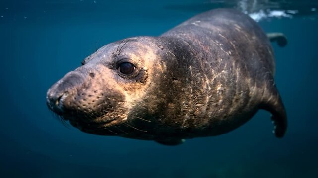 elephant seal swimming underwater near point reyes in soft light close up video