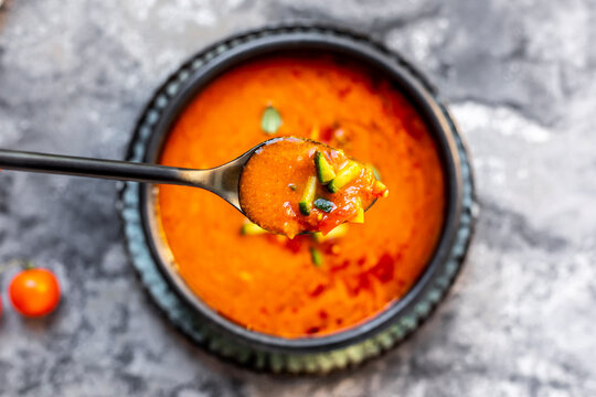 Gazpacho - cold tomato soup with cucumber topping