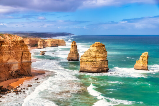 Stack rocks against sky at Twelve Apostles Marine National Park, Victoria, Australia