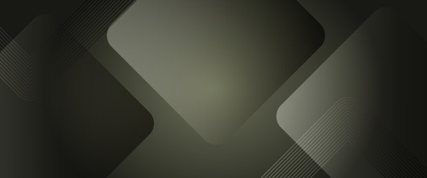 Abstract dark khaki and black geometric background with overlapping rounded diamond square shapes and subtle line patterns for luxury corporate presentation banner design template.