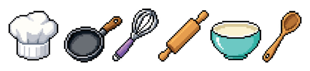 Fototapeta premium Pixel art kitchen utensils set including chef hat, frying pan, whisk, rolling pin, mixing bowl, and wooden spoon for cooking and baking designs
