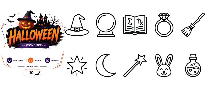 Set of 10 outline icons related to magic, witchcraft - collection of witch hat, crystal ball, spell book, ring, broom, star, moon, magic wand, rabbit, potion