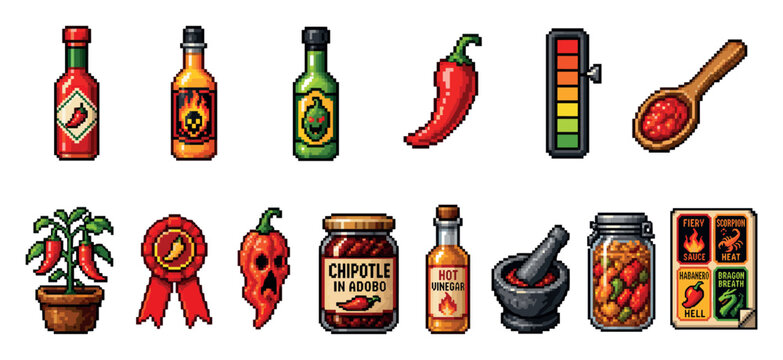 Pixel art hot sauce and chili pepper icons featuring spicy bottles, jalape&ntilde;o, chipotle jar, mortar and pestle, and heat level indicators for game design