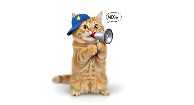 Funny ginger cat wearing a blue cap holding a megaphone shouting meow.
