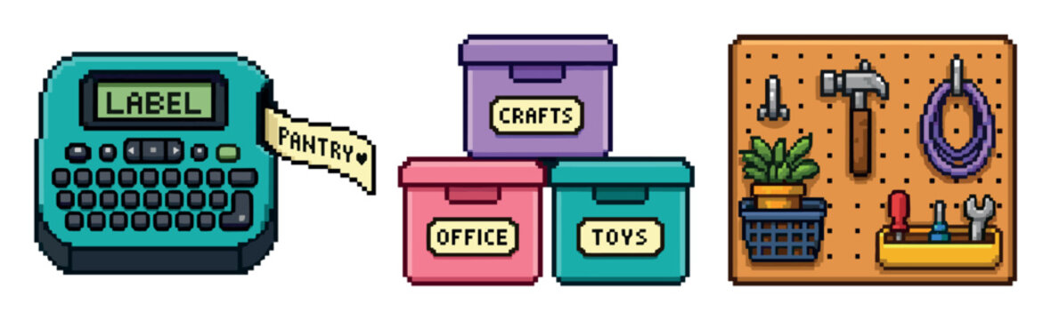 Pixel art home organization tools set including a label maker printing a pantry sticker, labeled storage bins, and a pegboard with tools