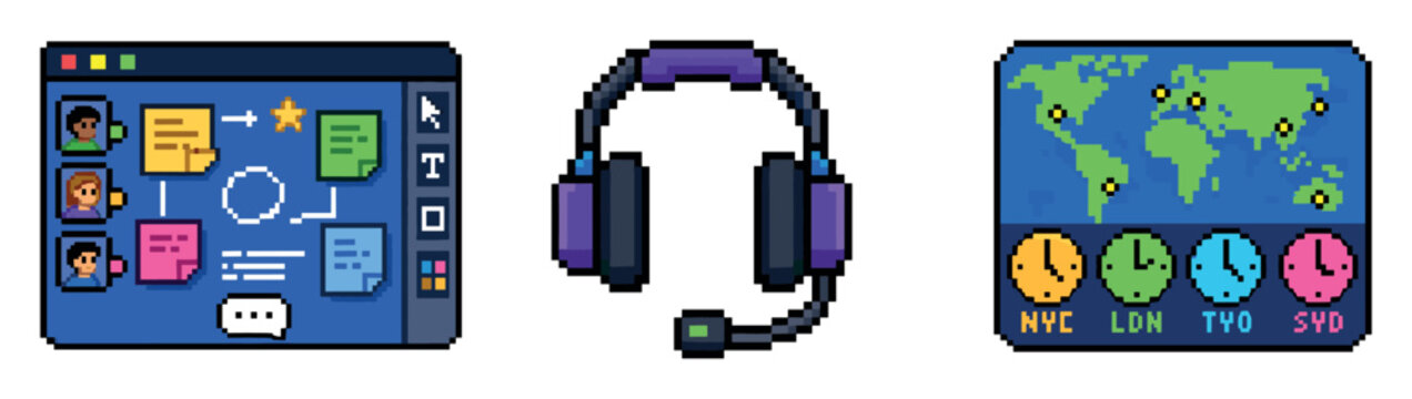 Pixel art icons for remote work collaboration including a virtual whiteboard interface with team avatars, a headset with microphone, and a world map showing different time zones