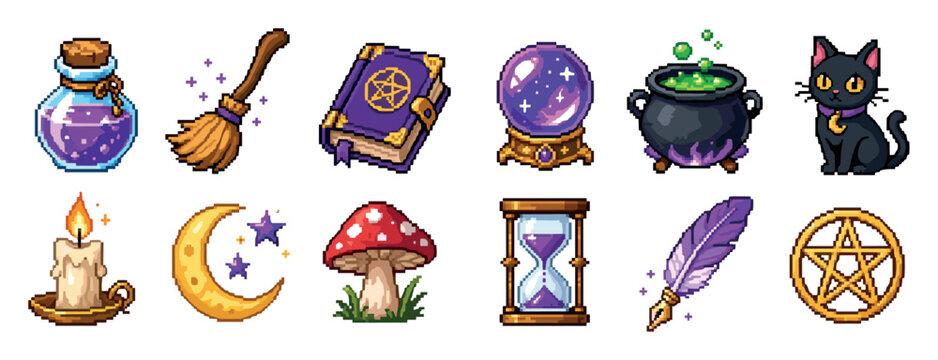 Pixel art magic icon set featuring a potion bottle, broomstick, spellbook, crystal ball, cauldron, black cat, candle, crescent moon, mushroom, hourglass, quill, and pentagram