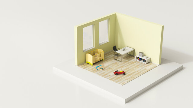 A tiny 3d rendering shows a home office and childcare room