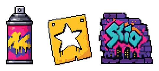 Fototapeta premium Pixel art graffiti elements set featuring a spray paint can, a star stencil, and a colorful brick wall tag in retro 8-bit video game style