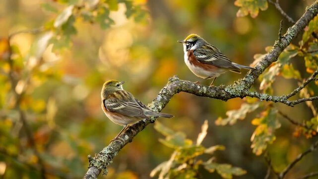 two chestnut sided warbler close up at central park new york golden light video