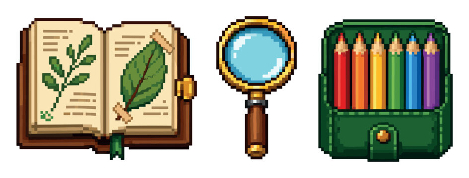 Pixel art explorer kit with open notebook, magnifying glass, and colored pencils in a green case for nature study and creative adventure illustration
