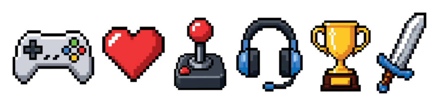 Pixel art video game icons set featuring a gamepad controller, red heart life bar, retro joystick, gaming headset, golden trophy cup, and a pixelated sword