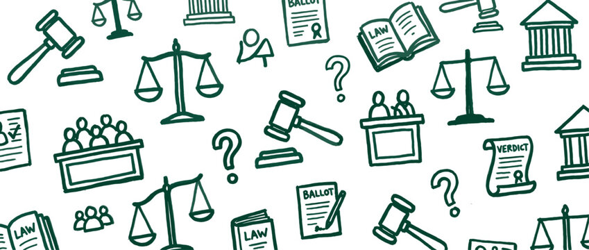 Law and justice hand drawn doodle icons including judge gavel scales of justice court building law book and jury box in a seamless pattern design