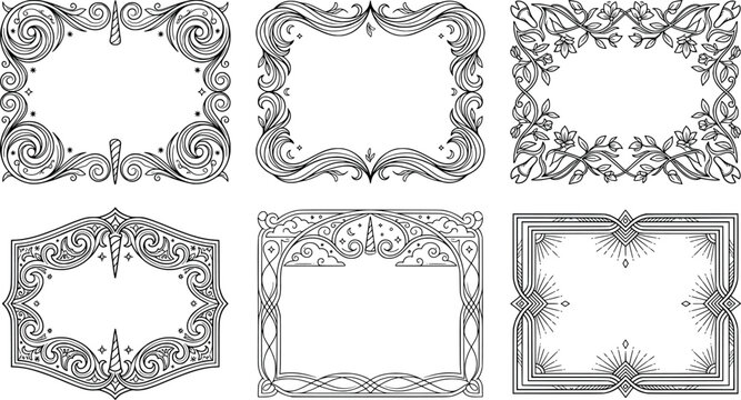 Collection of ornate frames with unicorn horns, stars, and floral motifs transparent background
