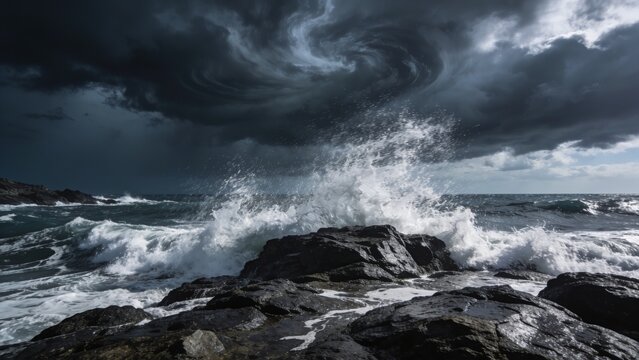 Surreal vortex of swirling storm clouds above a foaming sea as waves hammer dark wet rocks, excellent for conceptual designs about chaos, transformation, or environmental power in advertising.