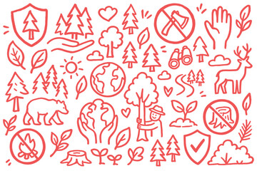 Fototapeta premium Forest conservation doodle vector icons set featuring hand drawn elements of trees, wildlife, earth protection, and environmental care symbols in red outline style