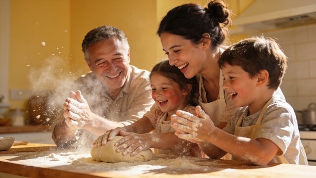 A grandfather, mother, granddaughter, and grandson delightedly play with flour while kneading dough in a sunlit yellow kitchen, capturing the magic of messy family fun for brands selling baking goods.