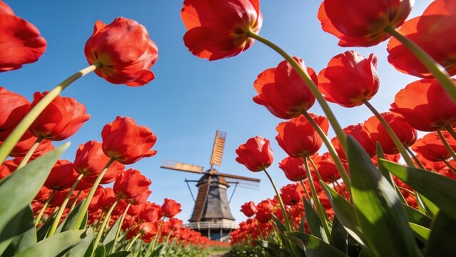 Vibrant red tulips frame a traditional Dutch windmill under a clear blue sky, perfect for travel and spring-themed marketing campaigns.