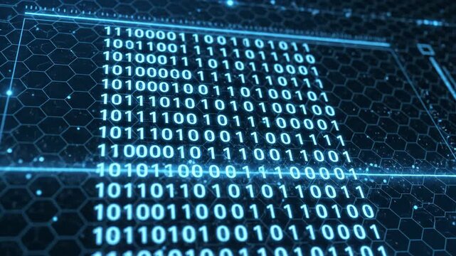 Digital binary code displayed on a futuristic interface with glowing blue numbers and hexagonal patterns, showcasing a seamless flow of data representation in a tech environment