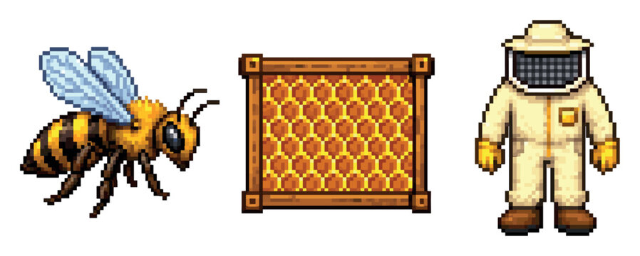 Pixel art beekeeping set featuring honey bee, honeycomb frame, and a beekeeper in a protective suit for retro video game design