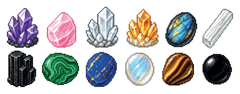 Pixel art crystal and gemstone collection featuring amethyst quartz citrine labradorite selenite tourmaline malachite lapis lazuli moonstone tiger eye and obsidian icons for games