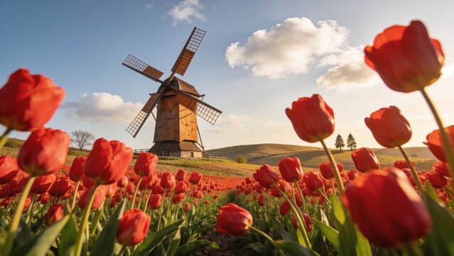 Golden hour light bathes a wooden windmill and red tulip field with fluffy white clouds scattered across a warm sunset sky.