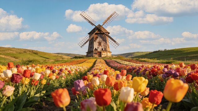 A rustic wooden windmill rises behind vibrant multicolored tulip fields under a partly cloudy sky, evoking timeless European rural heritage for editorial and travel use.